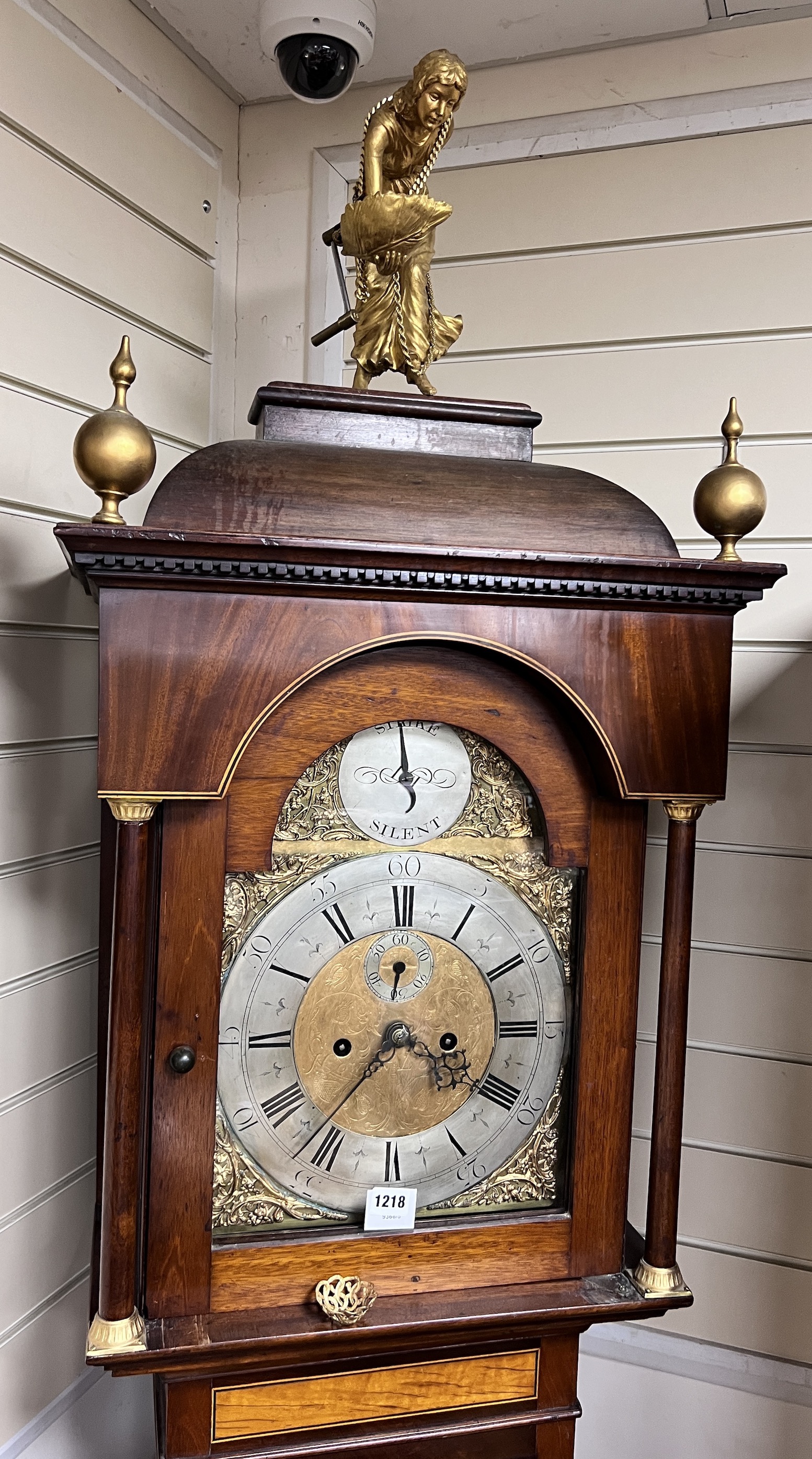 A George III and later inlaid mahogany eight day longcase clock, with gilt figural finial, J.Cowen, London, height 250cm